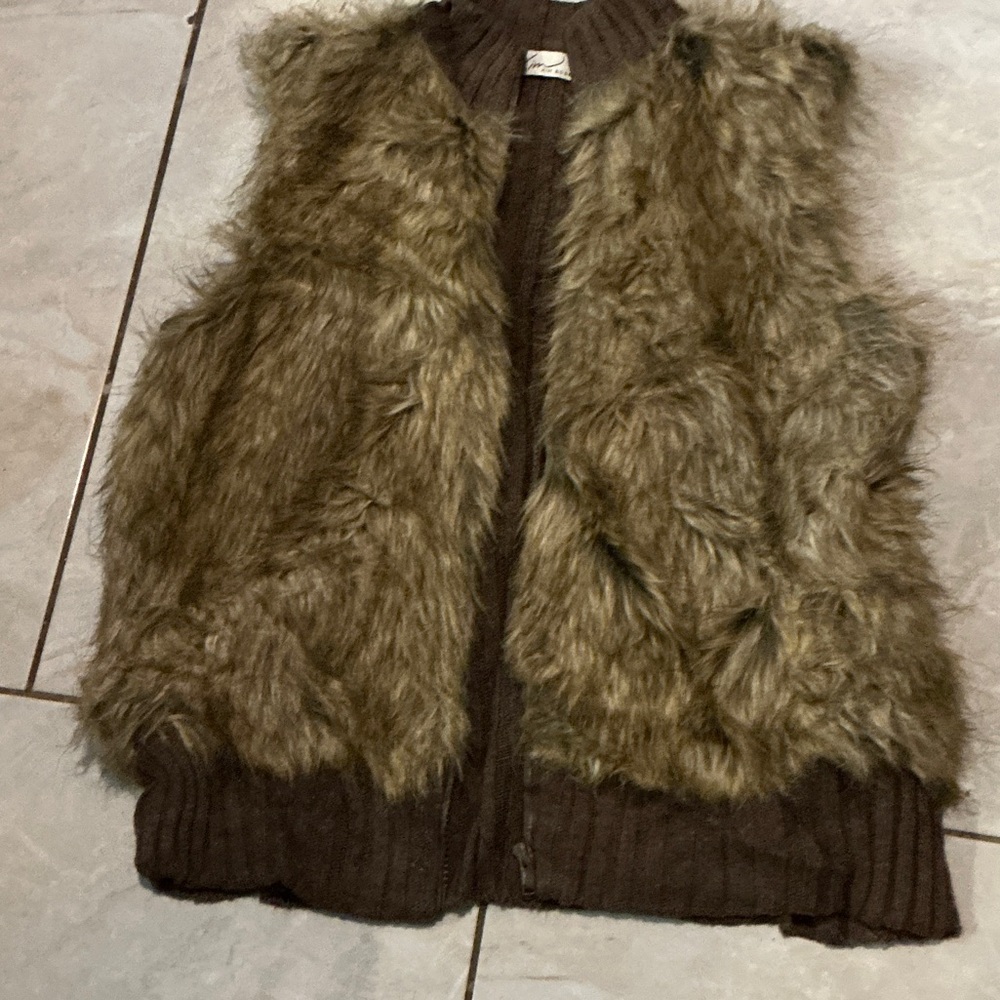 Kim Rogers Chocolate Knit Vest with Faux Fur Trim
